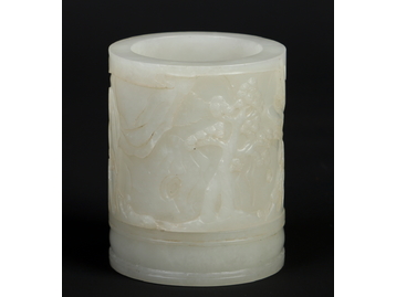 A Chinese carved celadon jade brush pot.