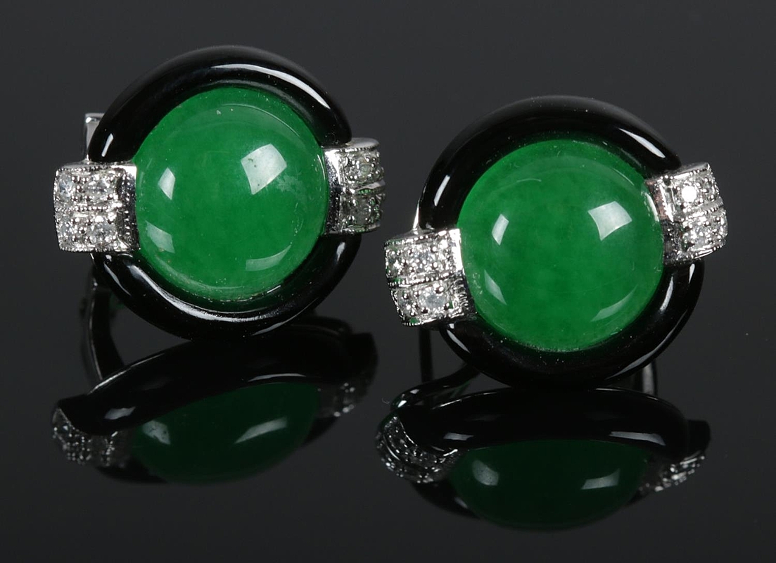 A pair of 9ct white gold jade, onyx and 