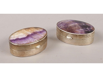 Two Blue John and silver oval pill boxes