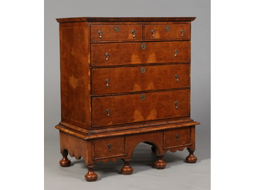 A Queen Anne burr elm chest on stand. Cr