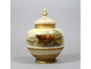 A Royal Worcester urn by J. Stinton.